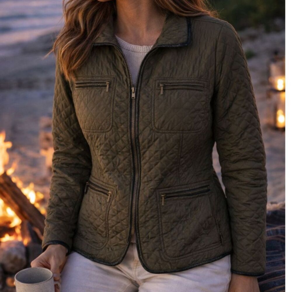 Talbots Olive Green Quilted Cinch Waist Jacket L Utility Coat Outdoor Spring